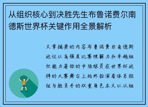 从组织核心到决胜先生布鲁诺费尔南德斯世界杯关键作用全景解析 从组织核心到决胜先生布鲁诺费尔南德斯世界杯关键作用全景解析
